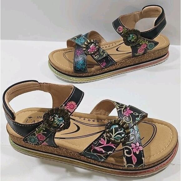L'Artiste x Jane & Coco Leather Sandals Gabriola Black Multicolor US 10BM NEW!! - Picture 5 of 14